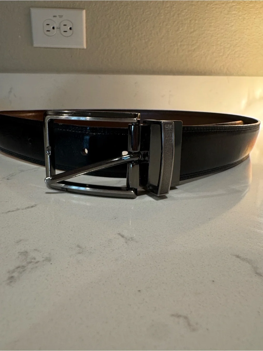 Black Leather Men's Reversible Dress Belt with Silver Buckle